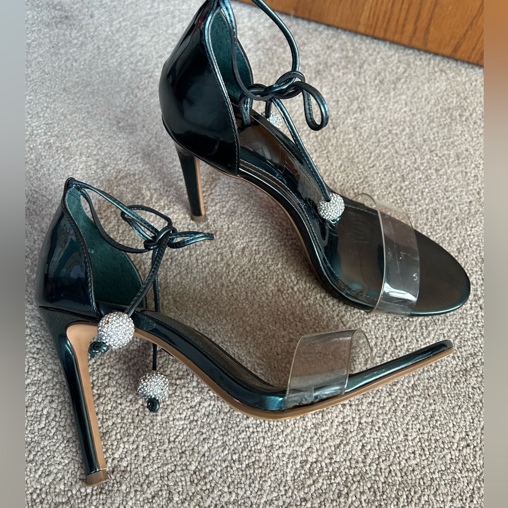 Elegant Deep Teal and Clear Heels with Rhinestone Accents